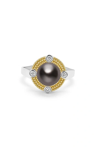 Lagos 18k Yellow Gold & Sterling Silver Luna Black Tahitian Pearl & Diamond Halo Ring In Luna Blk