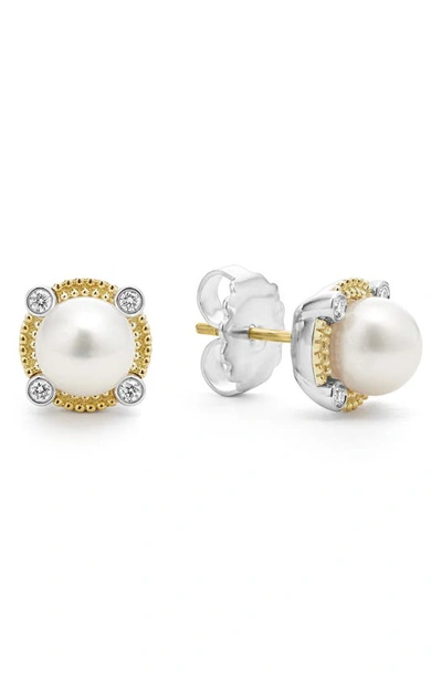 Lagos 18k Yellow Gold & Sterling Silver Luna Cultured Freshwater Pearl & Diamond Stud Earrings In Silver