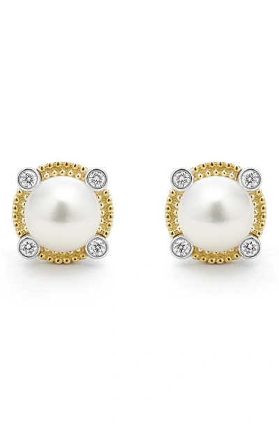 Shop Lagos Luna Pearl & Diamond Stud Earrings In Silver