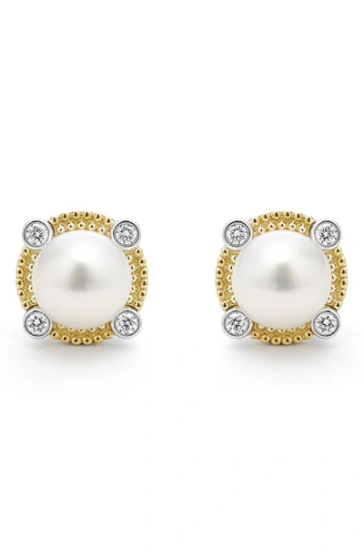 Lagos 18k Yellow Gold & Sterling Silver Luna Cultured Freshwater Pearl & Diamond Stud Earrings In Silver