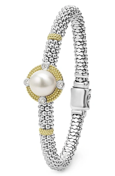 Lagos 18k Yellow Gold & Sterling Silver Luna Cultured Freshwater Pearl & Diamond Caviar Bead Bracelet In Silver