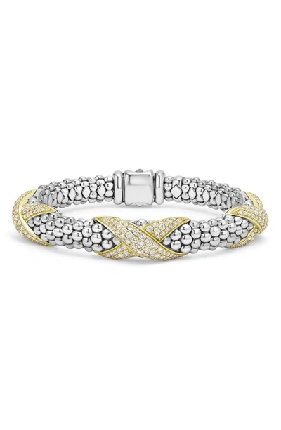 Lagos 18k Yellow Gold & Sterling Silver Embrace Diamond Pave X Station Caviar Bead Bracelet In Silver