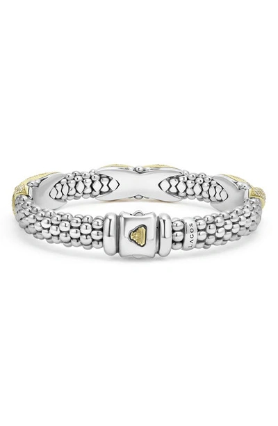 Lagos 18k Yellow Gold & Sterling Silver Embrace Diamond Pave X Station Caviar Bead Bracelet In Silver