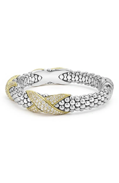 Lagos 18k Yellow Gold & Sterling Silver Embrace Diamond Pave X Station Caviar Bead Bracelet In Silver