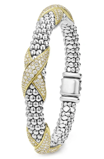 Lagos 18k Yellow Gold & Sterling Silver Embrace Diamond Pave X Station Caviar Bead Bracelet In Silver