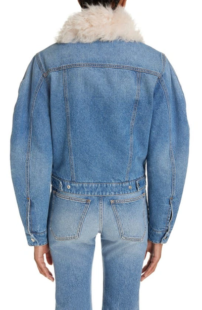 Shop Chloé Denim Trucker Jacket With Genuine Shearling Collar In Foggy Blue