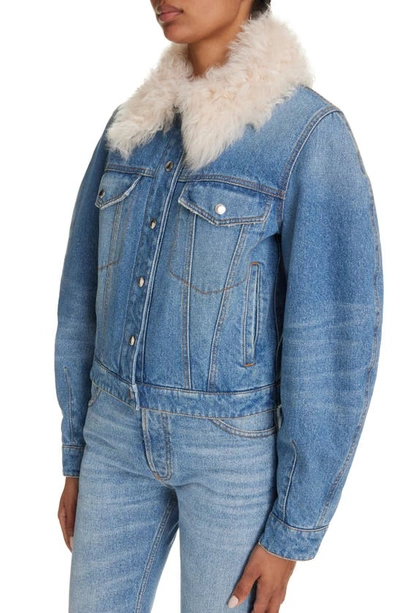 Shop Chloé Denim Trucker Jacket With Genuine Shearling Collar In Foggy Blue