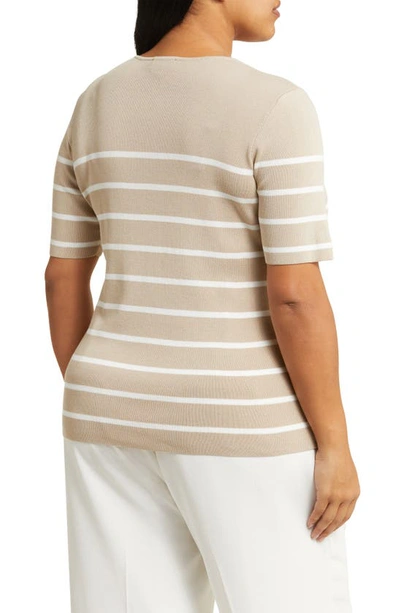 Shop Tahari Stripe Short Sleeve Sweater In Sand Ivory