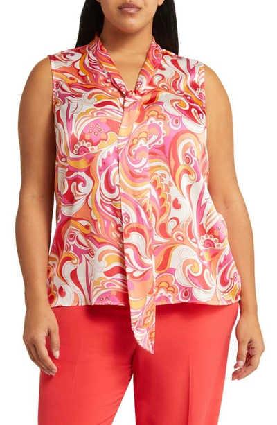 Shop Tahari Swirl Print Sleeveless Tie Neck Top In Pink Swirl