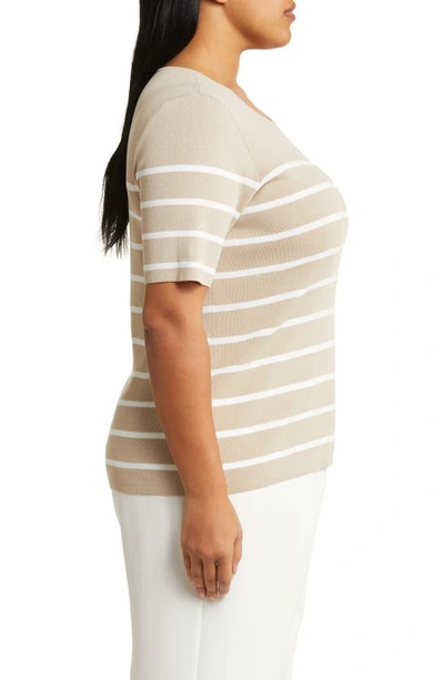 Tahari Stripe Short Sleeve Sweater In Sand Ivory