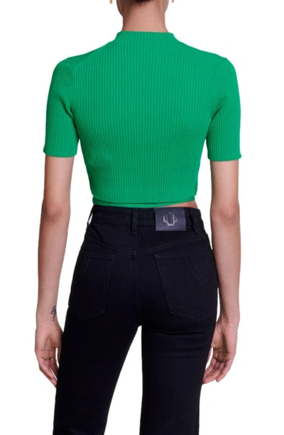 Shop Maje Moseanne Rib Tie Waist Crop Sweater In Green
