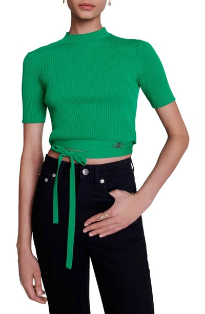 Shop Maje Moseanne Rib Tie Waist Crop Sweater In Green