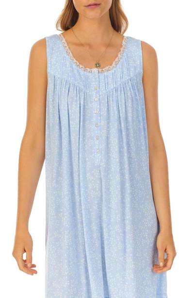 Shop Eileen West Floral Lace Trim Sleeveless Short Nightgown In Blue Print