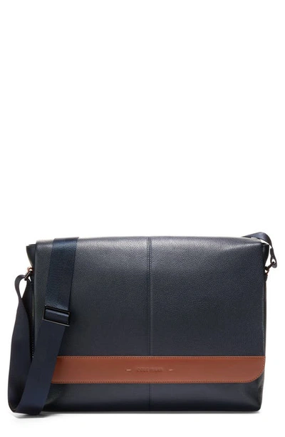 Shop Cole Haan Triboro Leather Messenger Bag In Navy/ New British Tan