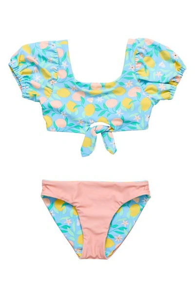 Shop Snapper Rock Kids' Lemon Drops Puff Sleeve Knot Front Two-piece Swimsuit In Blue Multi
