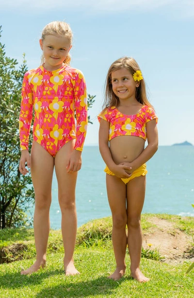 Shop Snapper Rock Kids' Pop Of Sunshine Long Sleeve One-piece Rashguard Swimsuit In Red