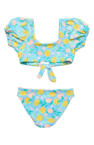 Shop Snapper Rock Kids' Lemon Drops Puff Sleeve Knot Front Two-piece Swimsuit In Blue Multi