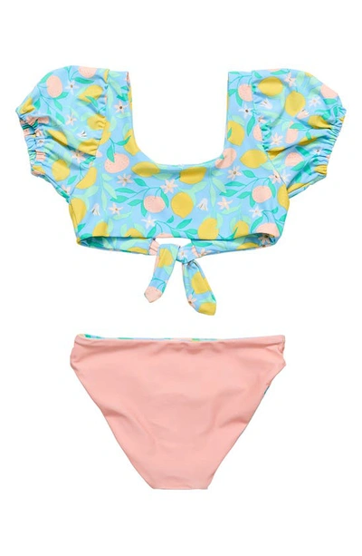 Shop Snapper Rock Kids' Lemon Drops Puff Sleeve Knot Front Two-piece Swimsuit In Blue Multi