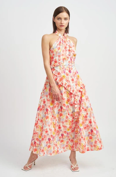 Shop En Saison Giada Print Ruffle Sleeveless Midi Dress In Coral Multi