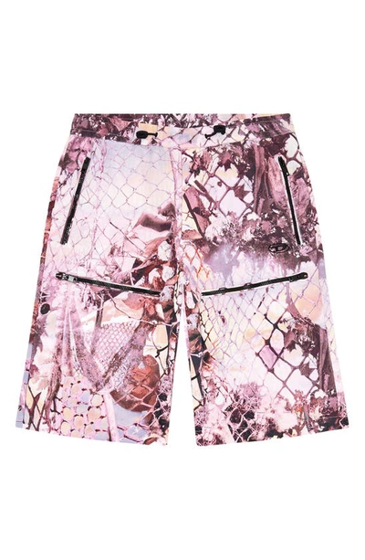 Shop Diesel P-mckell-short Abstract Print Crinkled Nylon Shorts In Pink