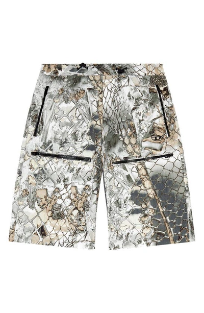 Shop Diesel P-mckell-short Abstract Print Crinkled Nylon Shorts In Grey/ Tan/ Brown