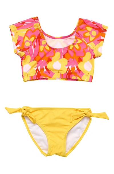 Shop Snapper Rock Kids' Pop Of Sunshine Short Sleeve Two-piece Swimsuit In Red