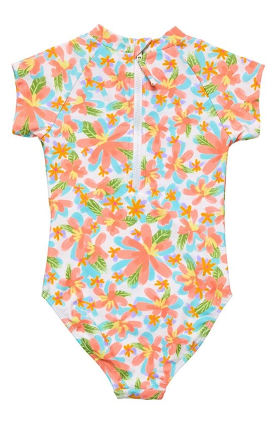 Shop Snapper Rock Kids' Floral Short Sleeve One-piece Rashguard Swimsuit In Coral Multi