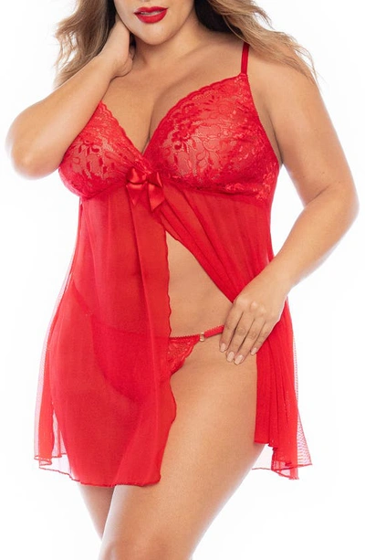 Shop Mapalé Mapale Lace & Mesh Chemis & G-string In Red