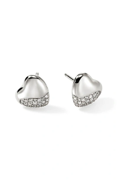 Shop John Hardy Pebble Heart Diamond Stud Earrings In Silver