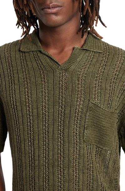 Shop John Varvatos Odin Short Sleeve Textured Linen Sweater In Dark Moss