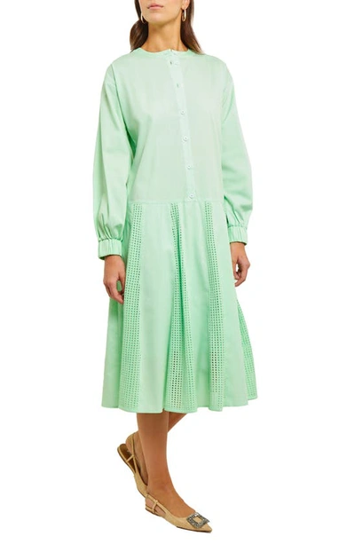 Shop Misook Long Sleeve Cotton Blend Midi Shirtdress In Paradise Green