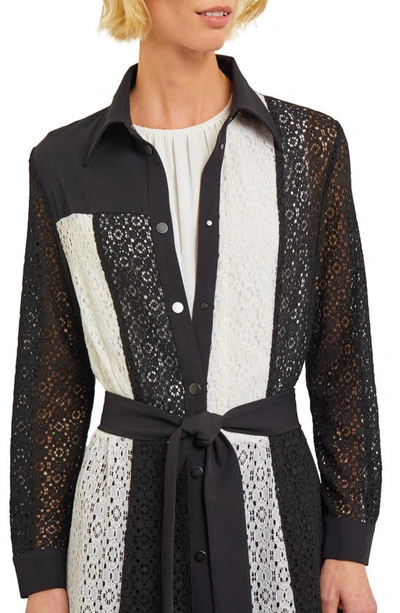 Shop Misook Tie Waist Lace Coat In Black/white