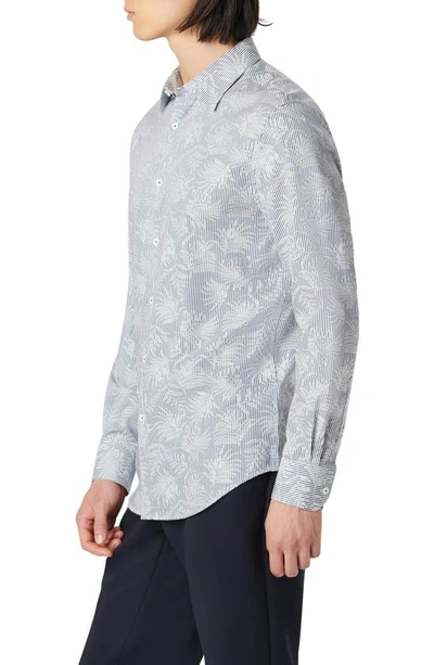 Bugatchi Julian Stripe Leaf Print Stretch Button-up Shirt In Navy