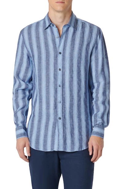 Shop Bugatchi Julian Shaped Fit Stripe Linen Button-up Shirt In Classic Blue