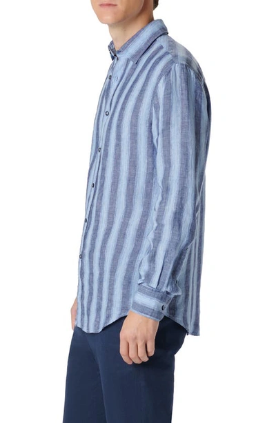 Shop Bugatchi Julian Shaped Fit Stripe Linen Button-up Shirt In Classic Blue