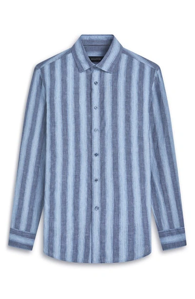 Shop Bugatchi Julian Shaped Fit Stripe Linen Button-up Shirt In Classic Blue