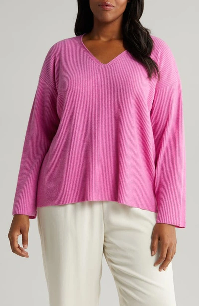 Shop Eileen Fisher Boxy V-neck Cashmere Sweater In Tulip