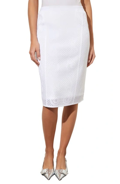 Shop Ming Wang Lace Jacquard Sweater Pencil Skirt In White/ Silver