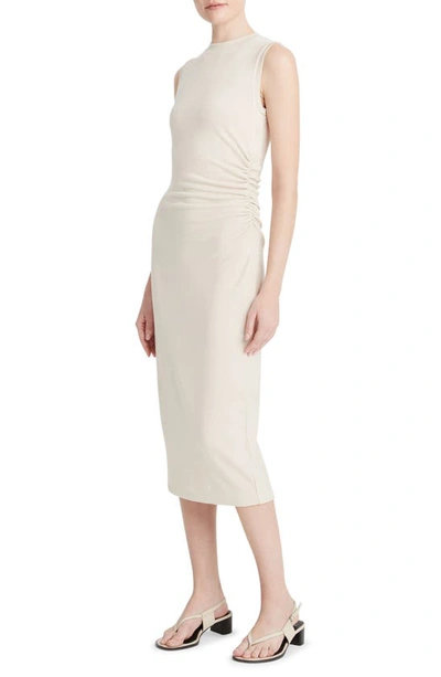 Shop Vince Side Ruched Sleeveless Knit Midi Dress In Pale Fawn