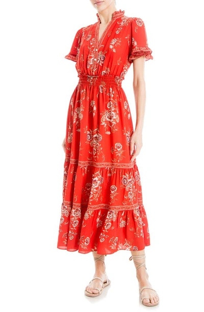 Shop Max Studio Smocked Flutter Sleeve Maxi Dress In Red