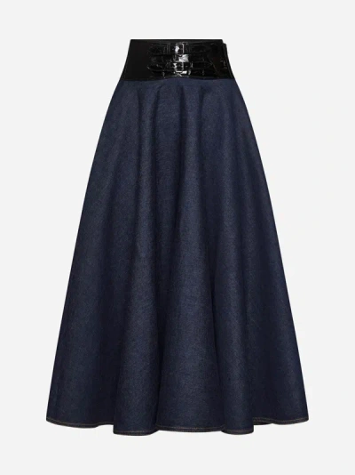 Shop Alaïa Belted Denim Midi Skirt In Blue