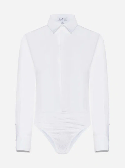 Shop Alaïa Cotton Shirt Bodysuit In White