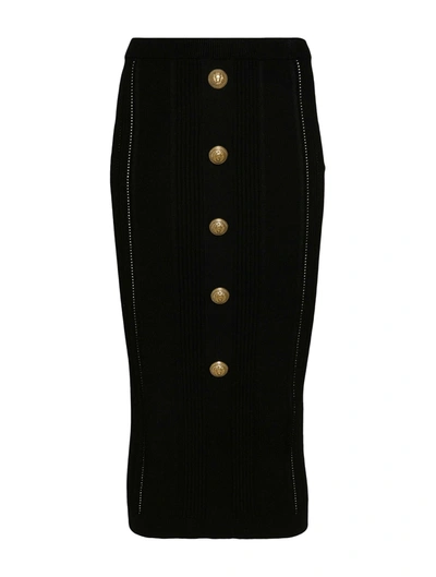 Shop Balmain Ribbed-knit Midi Skirt In Black