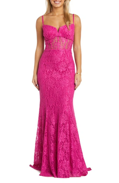 Shop Morgan & Co. Sleeveless Lace Corset Mermaid Gown In Hot Pink