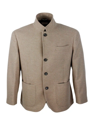 Shop Brunello Cucinelli Single-breasted Jacket In Fine Water-repellent Cashmere With Horn Buttons, Patch  In Beige
