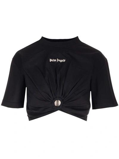 Shop Palm Angels Crop T-shirt With Ring In Black White