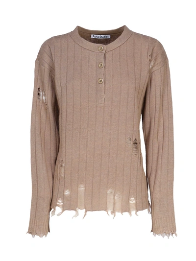 Shop Acne Studios Polo Shirt With Worn-effect Details In Camel Brown