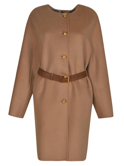 Shop Prada Belted Buttoned Dress In Camel/white