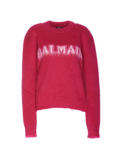 Shop Balmain Logo Sweater In Fuchsia