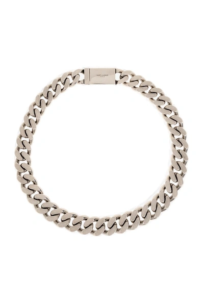 Shop Saint Laurent Logo Engraved Chained Necklace In Grigio